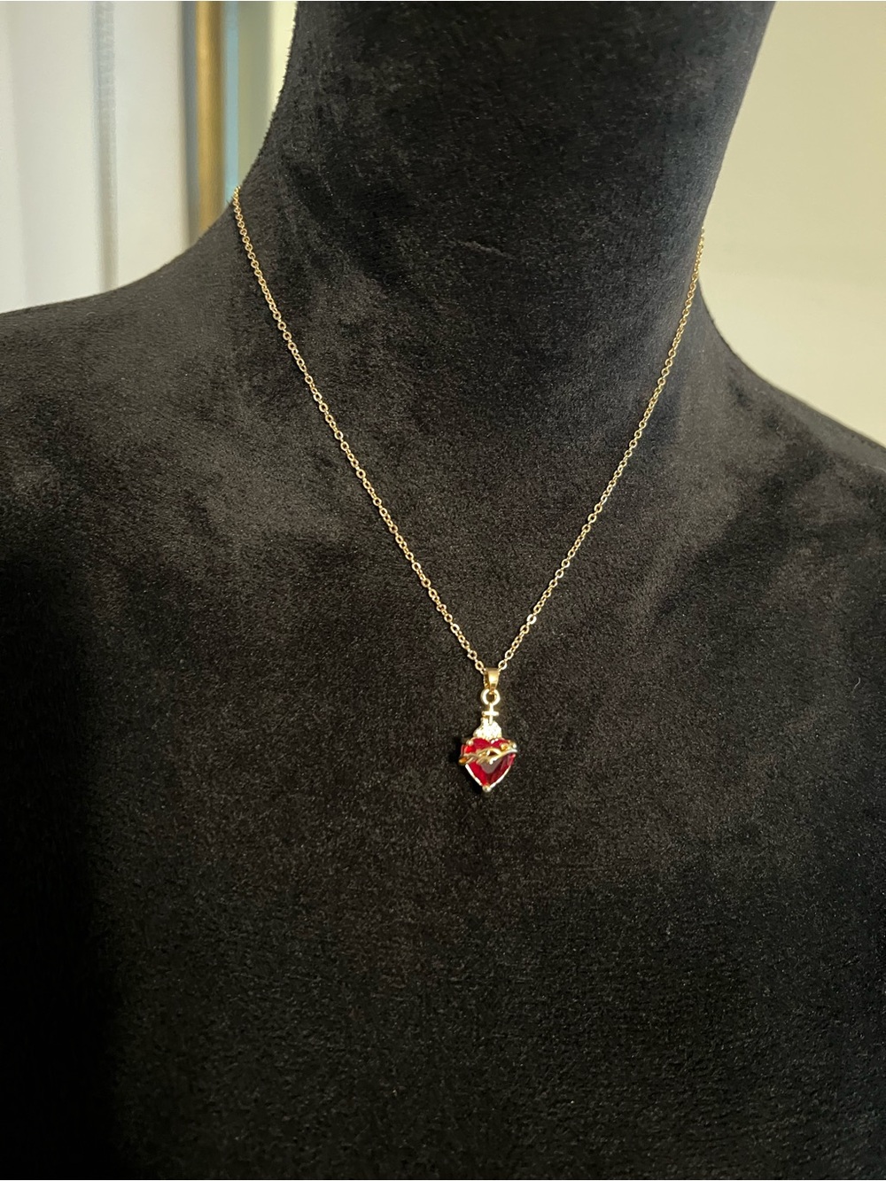 18k Gold plated Chain Necklace with Red Heart Pendant - Women Jewelry